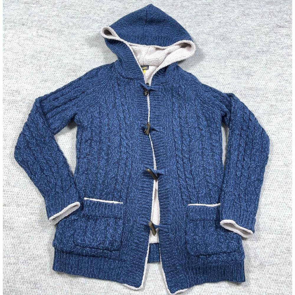 Cabelas Cardigan Sweater Women Large Blue Cable Knit Sherpa Lined Toggle Hooded